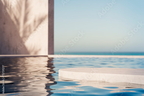 Podium stand in luxury swimming pool water with sea and sunset view. Summer background of tropical design product placement display. Hotel resort poolside backdrop. © hitdelight