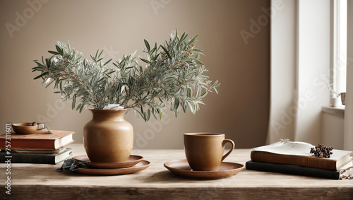 Minimalistic Scandinavian interior with an olive tree branch in a beige vase a brown cup of coffee tea and old books on a wooden table against a white wall background in the dining room