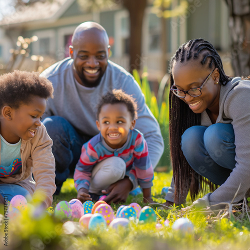 An African American family is engaged in an Easter egg hunt in a grassy outdoor area on a sunny day.