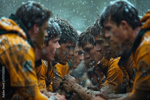 Muddy rugby team huddle in the rain