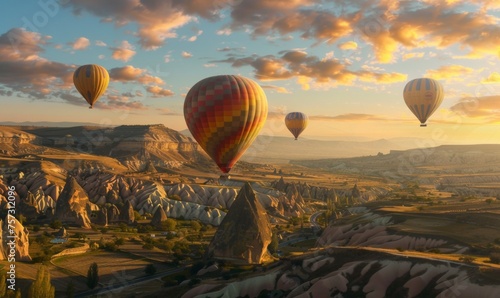 Colorful hot air balloons of Cappadocia float gracefully over the valley photo