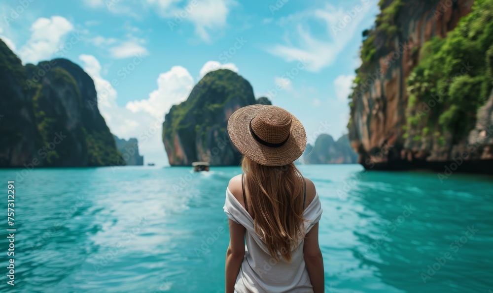 Woman admiring the natural beauty of Phang Nga Bay surrounded by lush greenery and crystal clear water