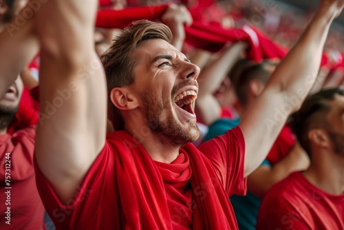 A happy fan wearing a red Tshirt and hat is celebrating in the stadium, cheering with arms in the air, enjoying the entertainment with the crowd