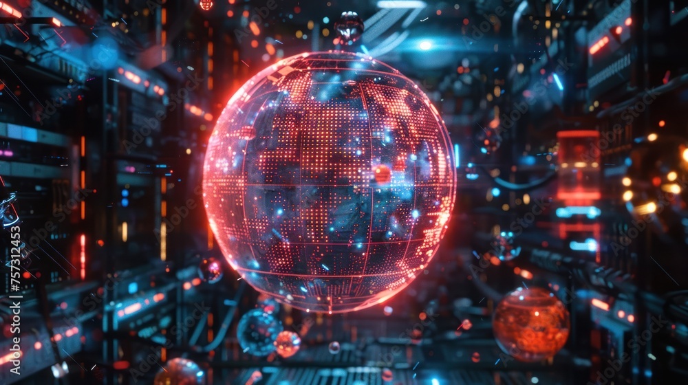 Obraz premium Global Artificial Intelligence and E-Learning A neon globe surrounded by digital data streams and AI algorithms, highlighting the role of AI in modern global education and e-Learning.