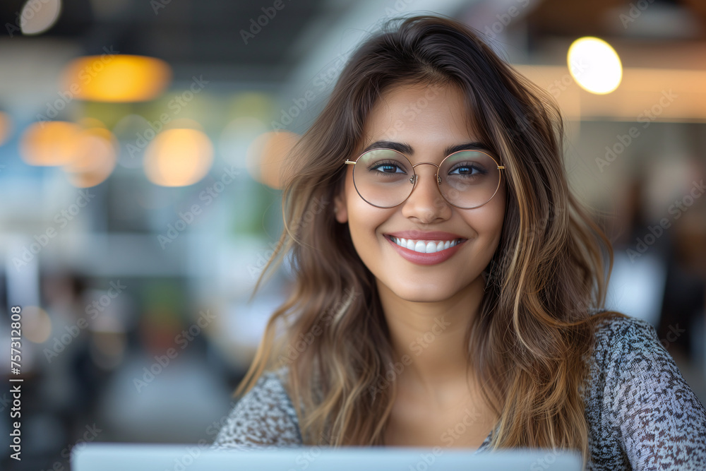 Smiling Young Woman with Glasses in Cafe. Portrait of a cheerful young woman with glasses smiling at the camera in a busy cafe setting.