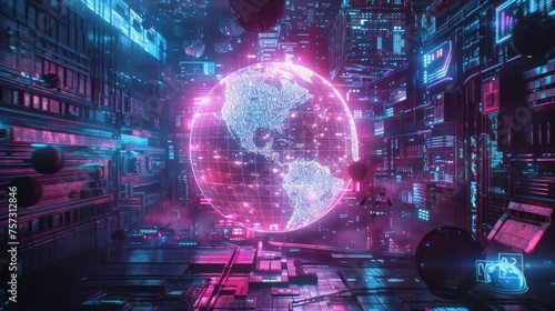 Global Artificial Intelligence and E-Learning A neon globe surrounded by digital data streams and AI algorithms, highlighting the role of AI in modern global education and e-Learning. photo