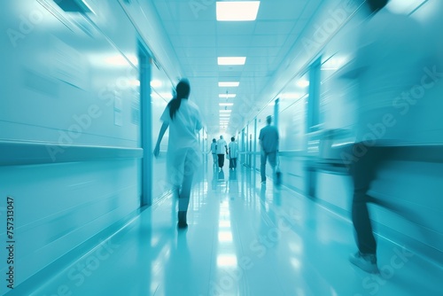 Interior of doctor and patient people in hospital corridor for background, Health care and medical technology concept. Motion blur effect.