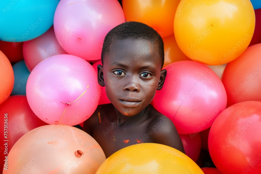 Obraz premium African boy surround balloons. Holding lifestyle fun wonder amazed. Generate Ai