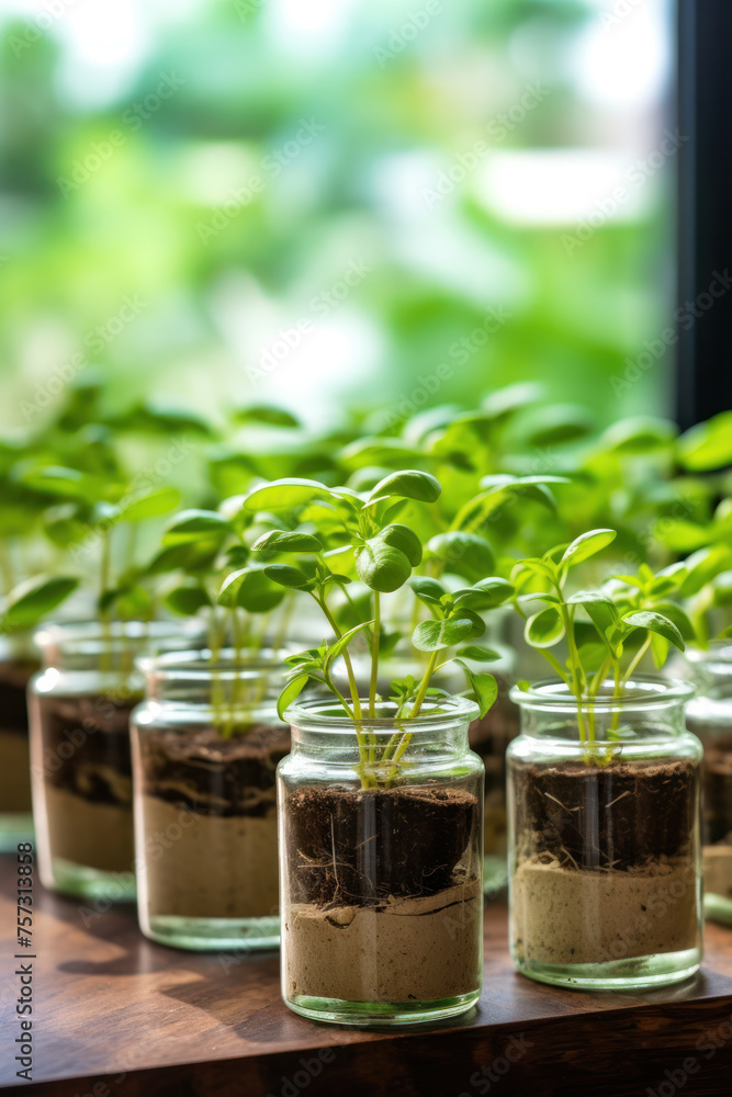 Seedlings in glass bottles on the windowsill Seedlings in glass bottles on the windowsill