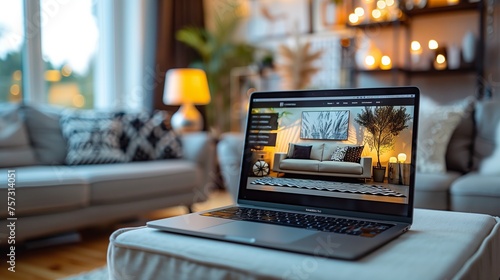 Online Shopping Concept. A modern laptop displaying a furniture shopping website, placed on a home desk with a cozy, inviting interior atmosphere. photo