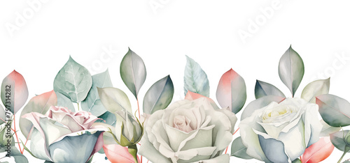 Watercolor greenery branch leaves and white roses seamless border Botanical leaf illustration