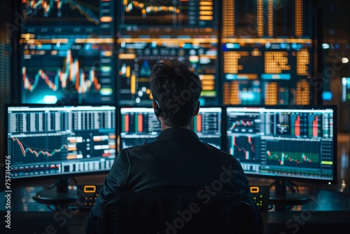 Trader Monitoring Stock Market on Multiple Screens. Stock market trader intently analyzes real-time financial data across multiple computer screens in a dark control room.