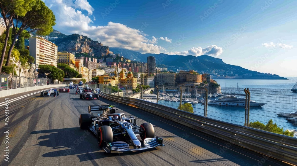 Obraz premium Formula One Racing Event Poster. Essence of Formula One race with a high-speed car on track with bustling city on background.