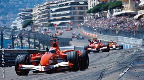 Red race car in motion with blurred competing cars in background. Formula One motor racing event