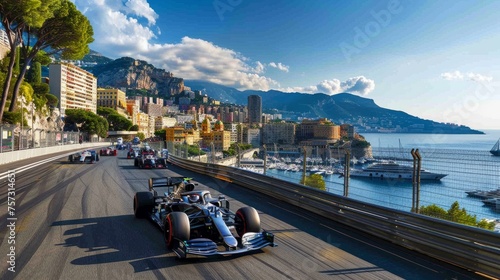 Formula One Racing Event Poster. Essence of Formula One race with a high-speed car on track with bustling city on background. photo