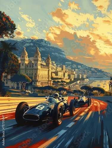 Two Formula One race cars in motion on race track with castle and fascinating view on background. Watercolor art photo