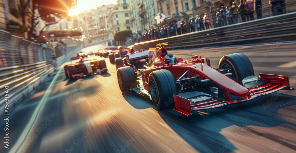 Formula One racing event. Racing car in motion with high speed riding ...