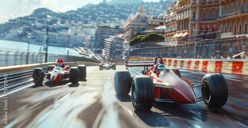 Formula One car speeding down section of the race track with blurred competing cars on background and sport fans on tribune photo