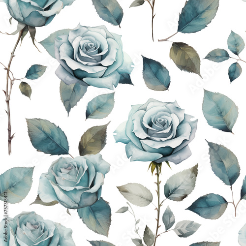 Watercolor greenery branch leaves and blue roses seamless pattern Botanical leaf illustration