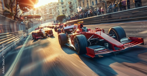 Formula One racing event. Racing car in motion with high speed riding along the street road with blurred competing cars on background