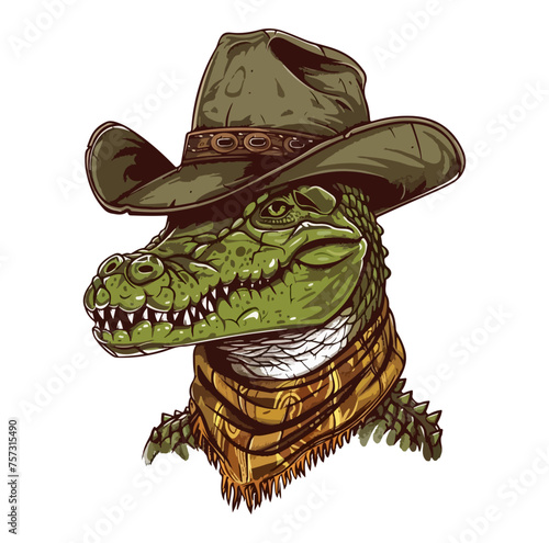 Crocodiles Head wearing wearing cowboy hat and bandana around neck photo