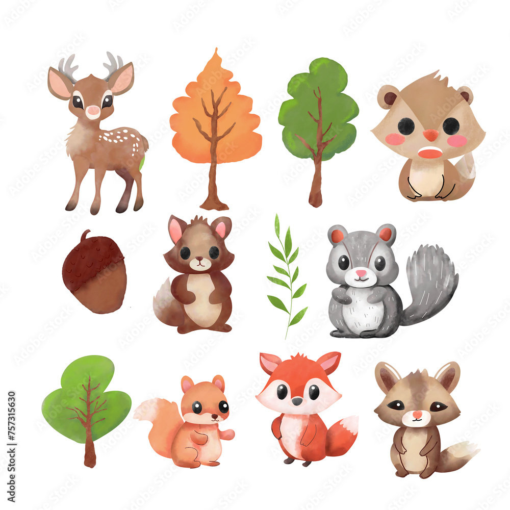 set of woodland animals hand drawing watercolor.