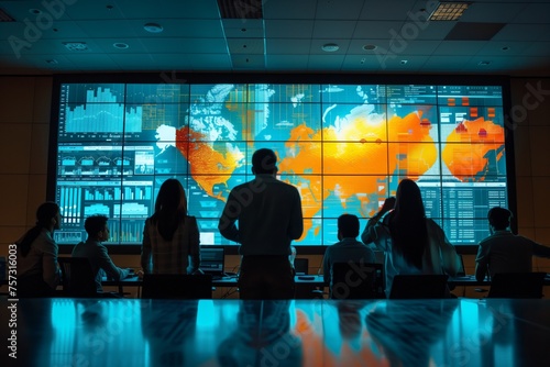 Business Team Analyzing Data on Large Screen. Business team attentively analyzes global data on a large screen in a high-tech monitoring center.