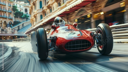 Vintage style racing car in motion, speeding through a Monaco street.