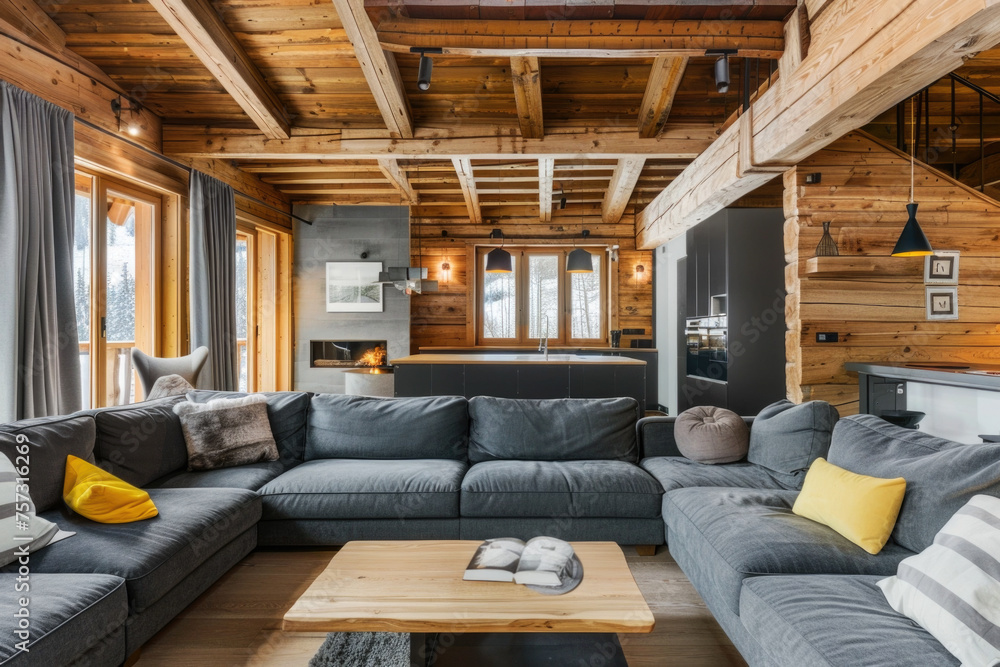 Rustic interior design of modern living room with grey sofas and wooden beams Rustic interior design of modern living room with grey sofas and wooden beams