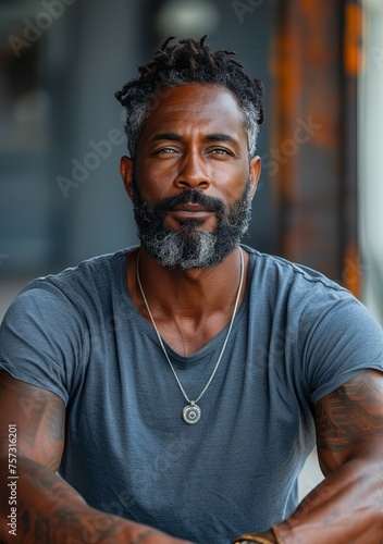 Portrait of a confident man looking straight into the camera. Concept: men's health and self-development with psychological well-being, cosmetics and services for a male audience © Marynkka_muis