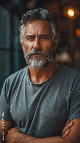 Portrait of a confident man looking straight into the camera. Concept: men's health and self-development with psychological well-being, cosmetics and services for a male audience © Neuro architect