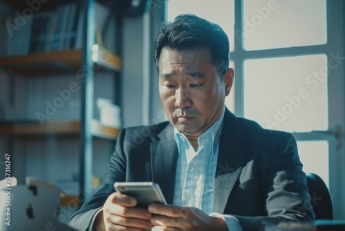 Asian businessman uses the phone in the office, portrait of a man looking at the phone screen, working in a modern office, Generative AI