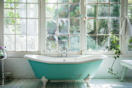 Vintage turquoise bathtub in the bathroom with large windows © pilipphoto