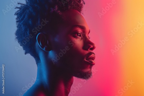 Profile of a man with colored smoke exhaled from his mouth. Concept: Illustration of mental health and emotional expression, conscious breathing, meditation and the art of self-expression.