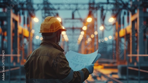 Male industrial, Electrical engineer with helmet and blueprints in hands checking, maintenance, and analysis data of power plant station project on substation and network background © Jeerawut