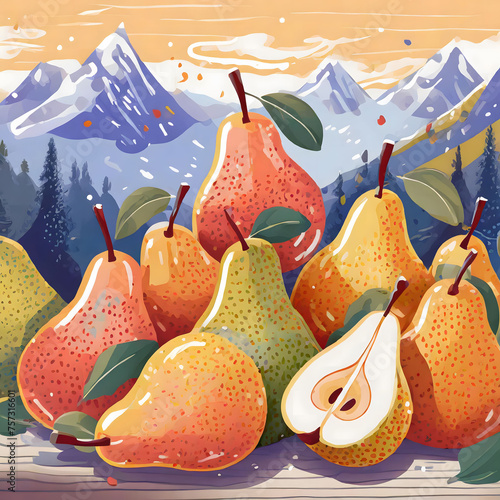 pile of pears with snowy mountains background