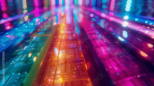 A close up of a circuit board with many electronic components. Multi Colored Computer Wafer Macrophotography. Abstract futuristic circuit board. A Mesmerizing 3D Abstract Multicolor Visualization. 