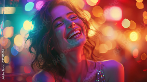 Joyful Dance in Nightclub: Glamorous Woman Under Colorful Lights 