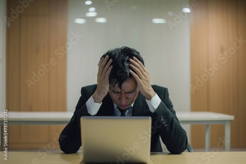 Depression at workplace, businessman disappointed with achievement results sad in despair inside office, man in business suit unhappy working with laptop, Generative AI