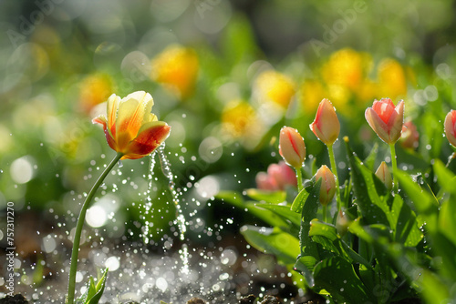 Water drop into little tulips at garden with a beautiful bokeh sunlight.
