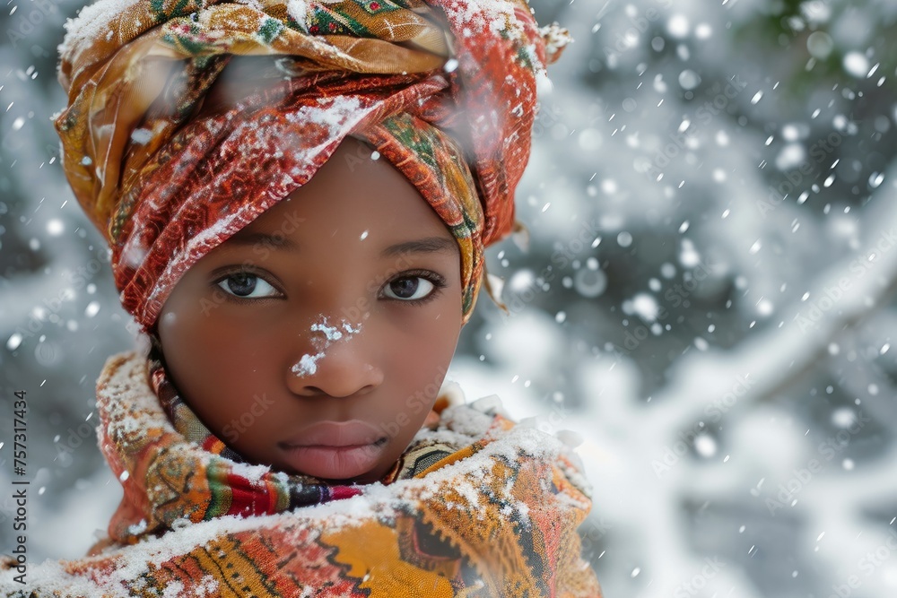 African girl winter snow. Fun kid. Generate Ai