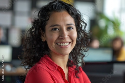 Close-up portrait of woman inside office, businesswoman happy and smiling looking at camera, female worker in red shirt and curly hair, satisfied Latin American programmer developer, Generative AI