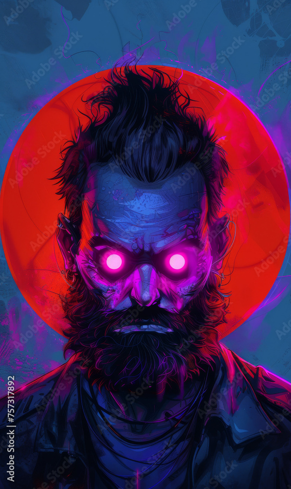 Fototapeta premium Sci-Fi Brahma with Purple Glowing Eyes and Red Circle Background