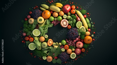 Fruits and vegetables in a wreath on a dark background.