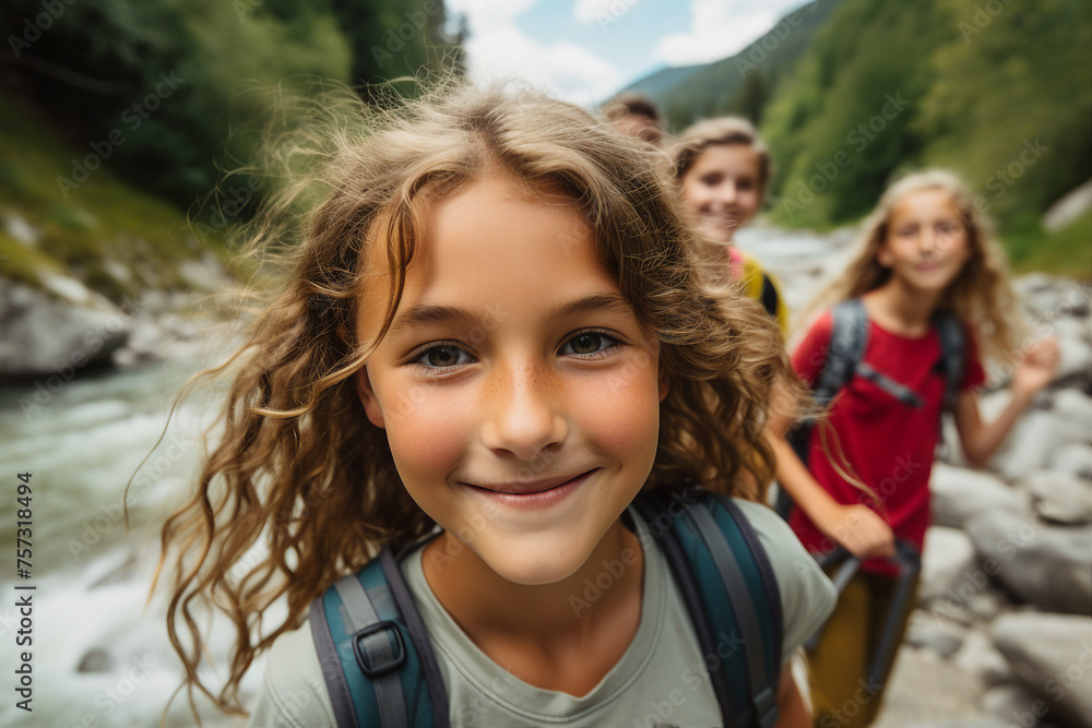 Generative ai picture photo of cheerful happy child traveler exploring nature on a weekend trip outdoors Generative ai picture photo of cheerful happy child traveler exploring nature on a weekend trip outdoors