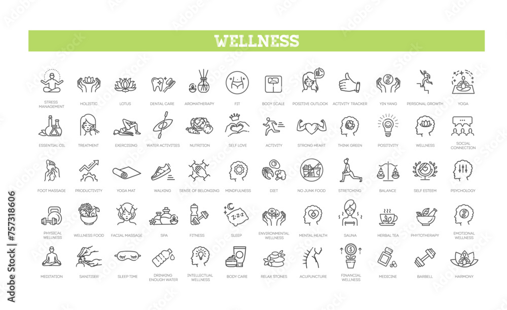 Wellness icons. Wellbeing, mental health, healthcare, cosmetics, spa, medical