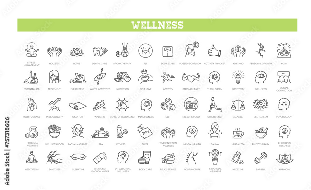 Wellness icons. Wellbeing, mental health, healthcare, cosmetics, spa, medical Wellness icons. Wellbeing, mental health, healthcare, cosmetics, spa, medical