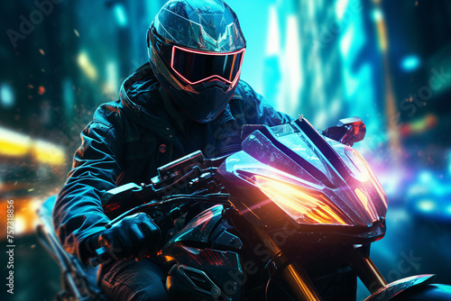 Ai generated illustration image of video game personage cyberpunk driving motorcycle speed motion neon illuminated city © Tetiana