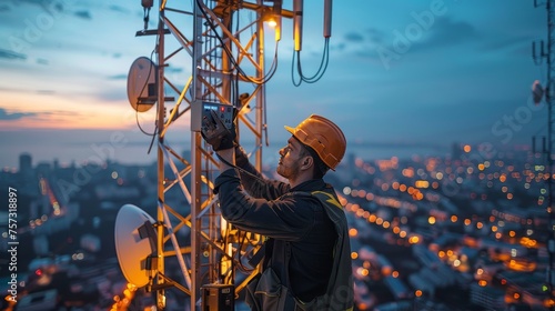 engineer working on a 5G telecommunication tower photo