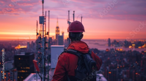 engineer working on a rooftop installing a new 5G antenna photo